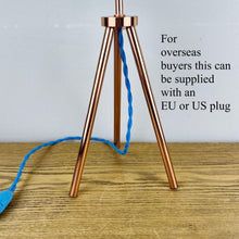 Load image into Gallery viewer, Vintage Atomic Copper Tripod Lamp, Blue Fibreglass Shade