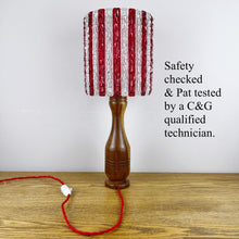 Load image into Gallery viewer, Mid Century Wood Lamp With Red & White Striped Shade.