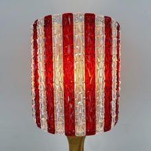 Load image into Gallery viewer, Mid Century Wood Lamp With Red & White Striped Shade.
