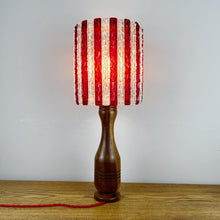 Load image into Gallery viewer, Mid Century Wood Lamp With Red & White Striped Shade.
