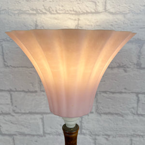 Vintage Art Deco Wood Lamp, Pink Shade.