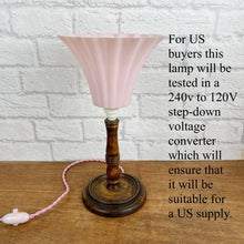 Load image into Gallery viewer, Vintage Art Deco Wood Lamp, Pink Shade.
