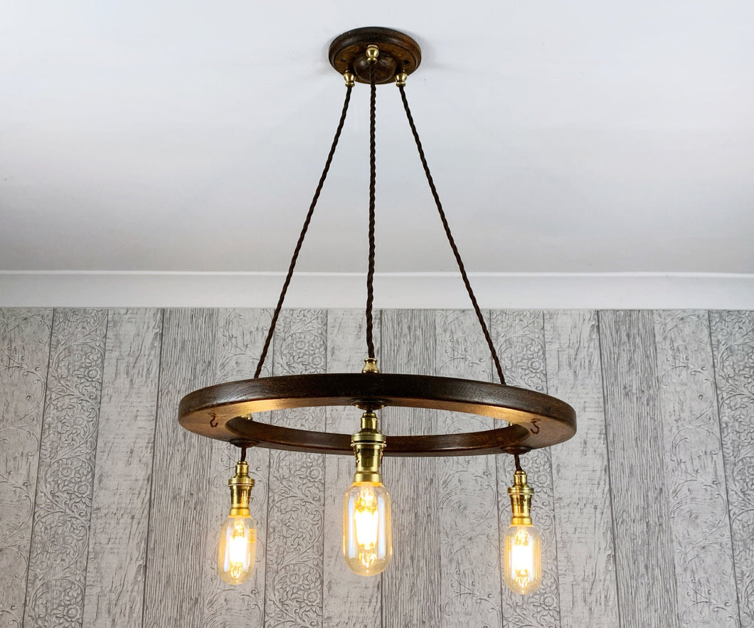 Ceiling chandelier Light, Antique Oak with Brass Fittings.