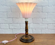 Load image into Gallery viewer, Vintage Art Deco Wood Lamp, Pink Shade.
