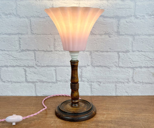 Vintage Art Deco Wood Lamp, Pink Shade.