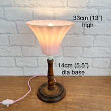 Load image into Gallery viewer, Vintage Art Deco Wood Lamp, Pink Shade.
