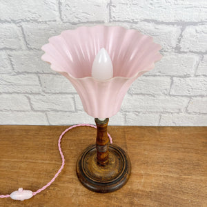 Vintage Art Deco Wood Lamp, Pink Shade.