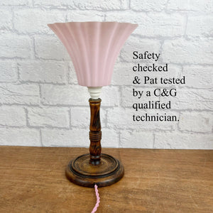 Vintage Art Deco Wood Lamp, Pink Shade.