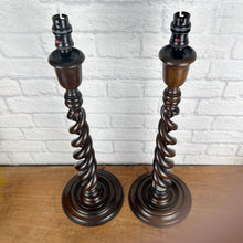 Load image into Gallery viewer, Pair Extra Large Antique Barley Twist Wood Lamps
