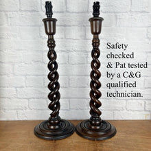 Load image into Gallery viewer, Pair Extra Large Antique Barley Twist Wood Lamps
