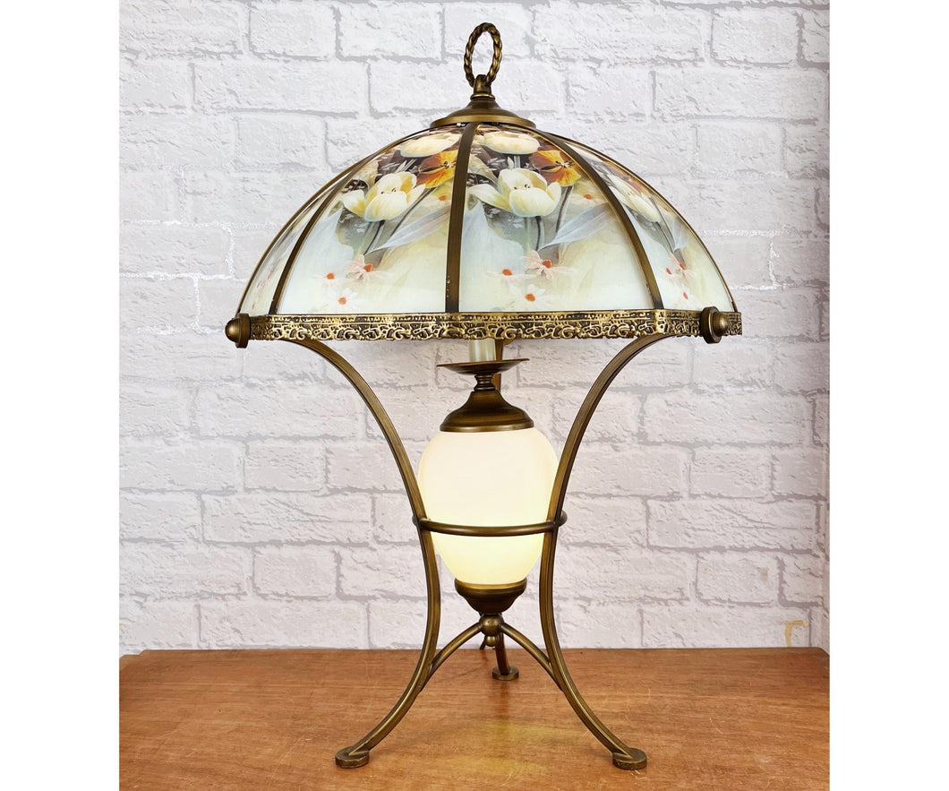 Vintage Victorian Style Brass Lamp With Glass Shade