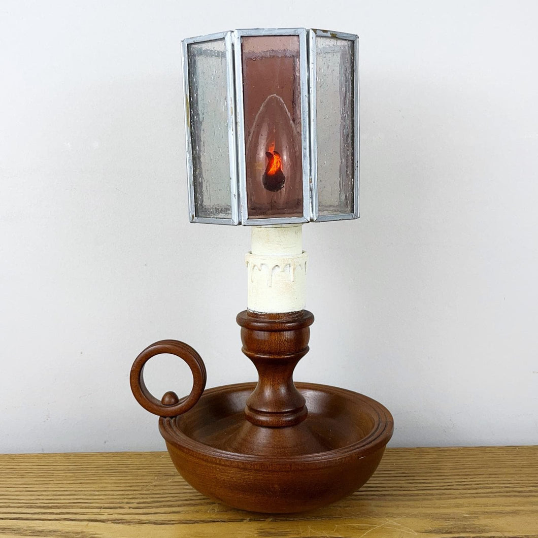 Vintage Wooden Chamberstick Candle Lamp.
