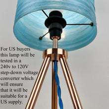 Load image into Gallery viewer, Vintage Atomic Copper Tripod Lamp, Blue Fibreglass Shade
