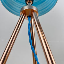 Load image into Gallery viewer, Vintage Atomic Copper Tripod Lamp, Blue Fibreglass Shade
