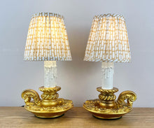 Load image into Gallery viewer, Pair Of Gold Colour Vintage French Chateau Style Chamberstick Lamps.
