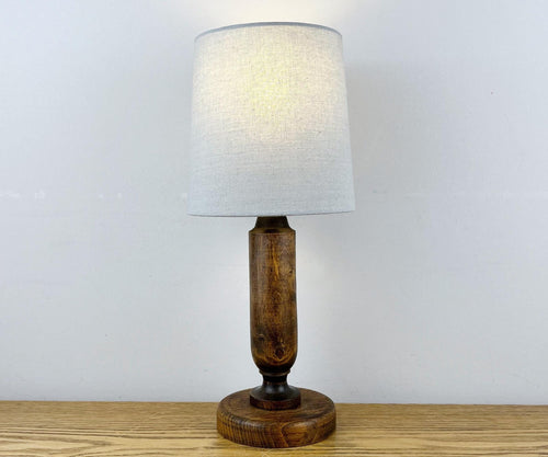 Vintage Small Wood Lamp With Grey Shade.