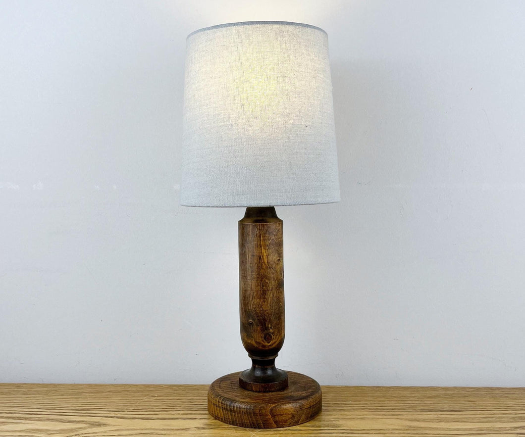 Vintage Small Wood Lamp With Grey Shade.