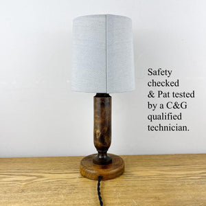 Vintage Small Wood Lamp With Grey Shade.