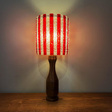 Load image into Gallery viewer, Mid Century Wood Lamp With Red &amp; White Striped Shade.
