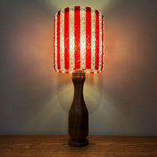 Load image into Gallery viewer, Mid Century Wood Lamp With Red &amp; White Striped Shade.
