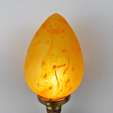Load image into Gallery viewer, Art Nouveau Wooden Lamp With Orange Glass Teardrop Shade.
