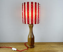 Load image into Gallery viewer, Mid Century Wood Lamp With Red &amp; White Striped Shade.
