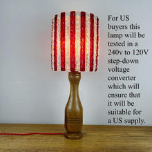 Load image into Gallery viewer, Mid Century Wood Lamp With Red &amp; White Striped Shade.
