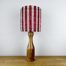 Load image into Gallery viewer, Mid Century Wood Lamp With Red &amp; White Striped Shade.
