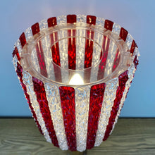 Load image into Gallery viewer, Mid Century Wood Lamp With Red &amp; White Striped Shade.
