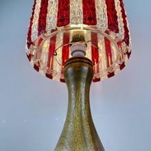 Load image into Gallery viewer, Mid Century Wood Lamp With Red &amp; White Striped Shade.
