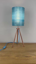 Load and play video in Gallery viewer, Vintage Atomic Copper Tripod Lamp, Blue Fibreglass Shade
