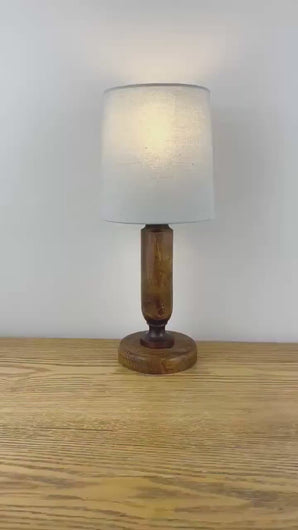Vintage Small Wood Lamp With Grey Shade.