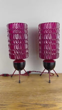 Load and play video in Gallery viewer, Pair Of Mid Century Atomic Burgundy Lamps
