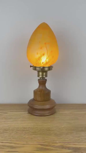 Art Nouveau Wooden Lamp With Orange Glass Teardrop Shade.