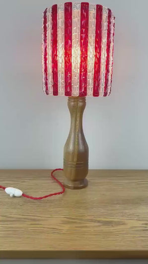 Mid Century Wood Lamp With Red & White Striped Shade.