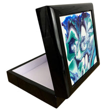 Load image into Gallery viewer, Painted Jewellery Box, Black Jewellery Box, Unique Jewellery Box, Hand Painted Gift, Gift For Mum, Colourful Decor, Bright Blues &amp; Greens
