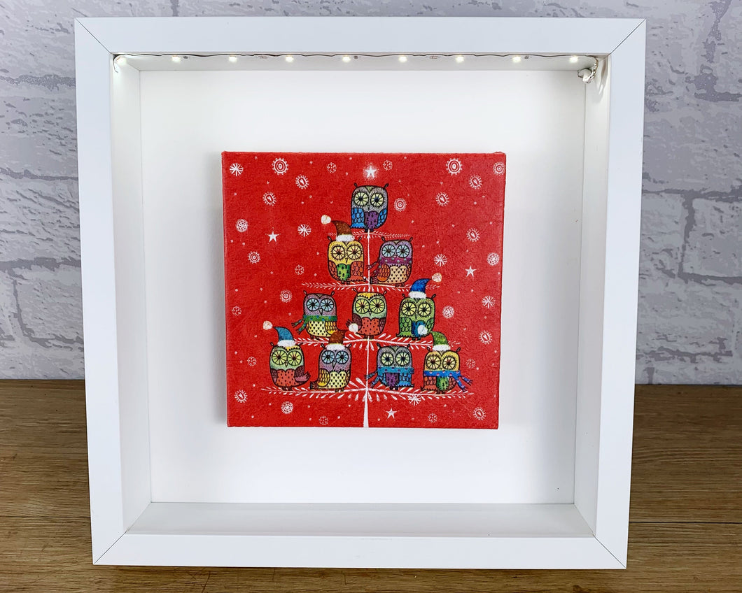 Christmas Owls, Christmas Wall Art, Cute Funny Owls, Cute Wall Art, LED Wall Art, Light Up Xmas Frame, Illuminated Art, Light Up Picture